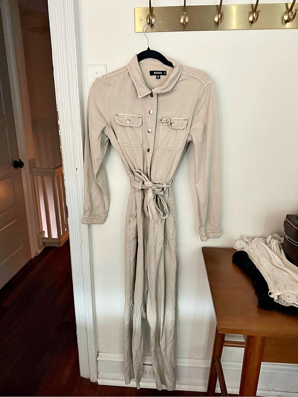 Missguided Beige Utility Boiler Jumpsuit Belted Wide Leg US 2